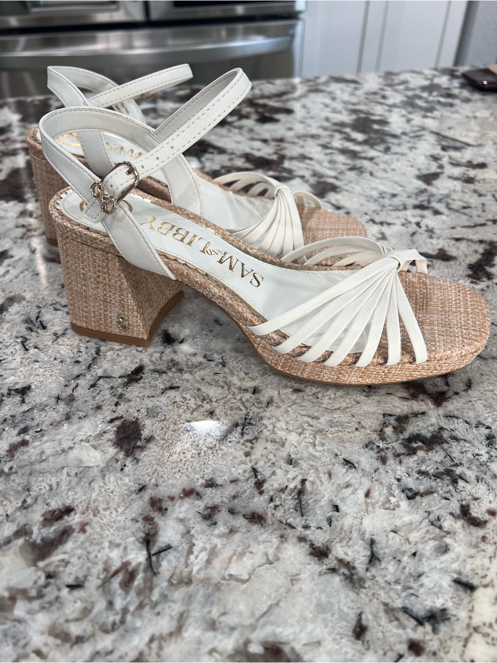 Sam Edelman Cream Woven Platform Block Heel Sandals